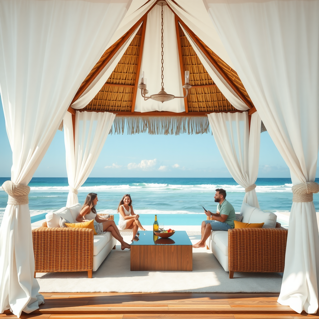 Luxury beach cabana with white curtains comfortable seating and ocean view with family relaxing inside