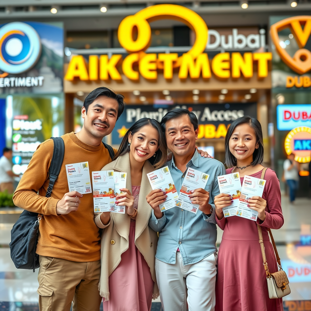 Happy family of four holding attraction tickets and meal vouchers, standing in front of multiple Dubai entertainment venues with priority access passes visible