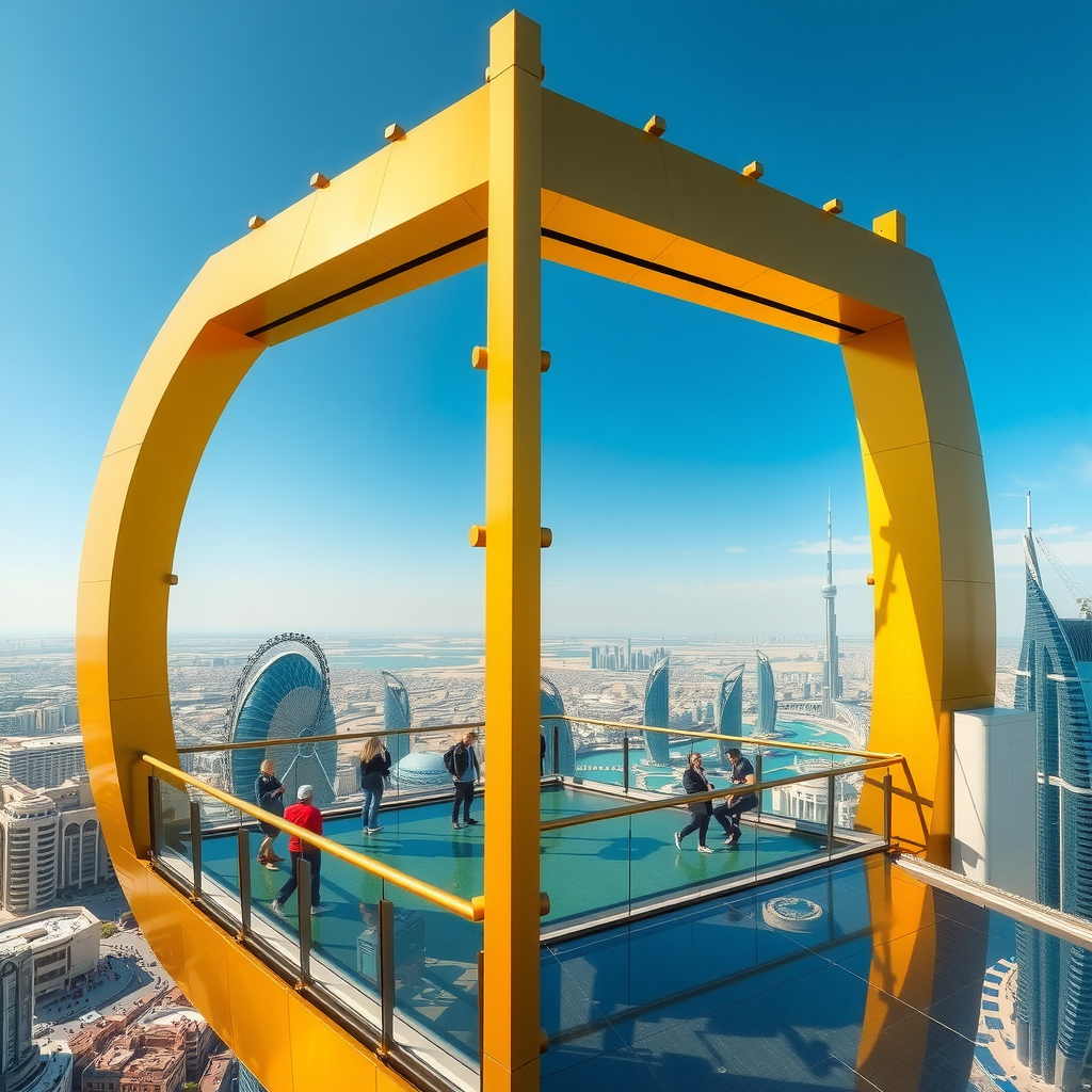 Majestic Dubai Frame golden structure against blue sky, visitors on glass floor sky deck, panoramic views of old and new Dubai