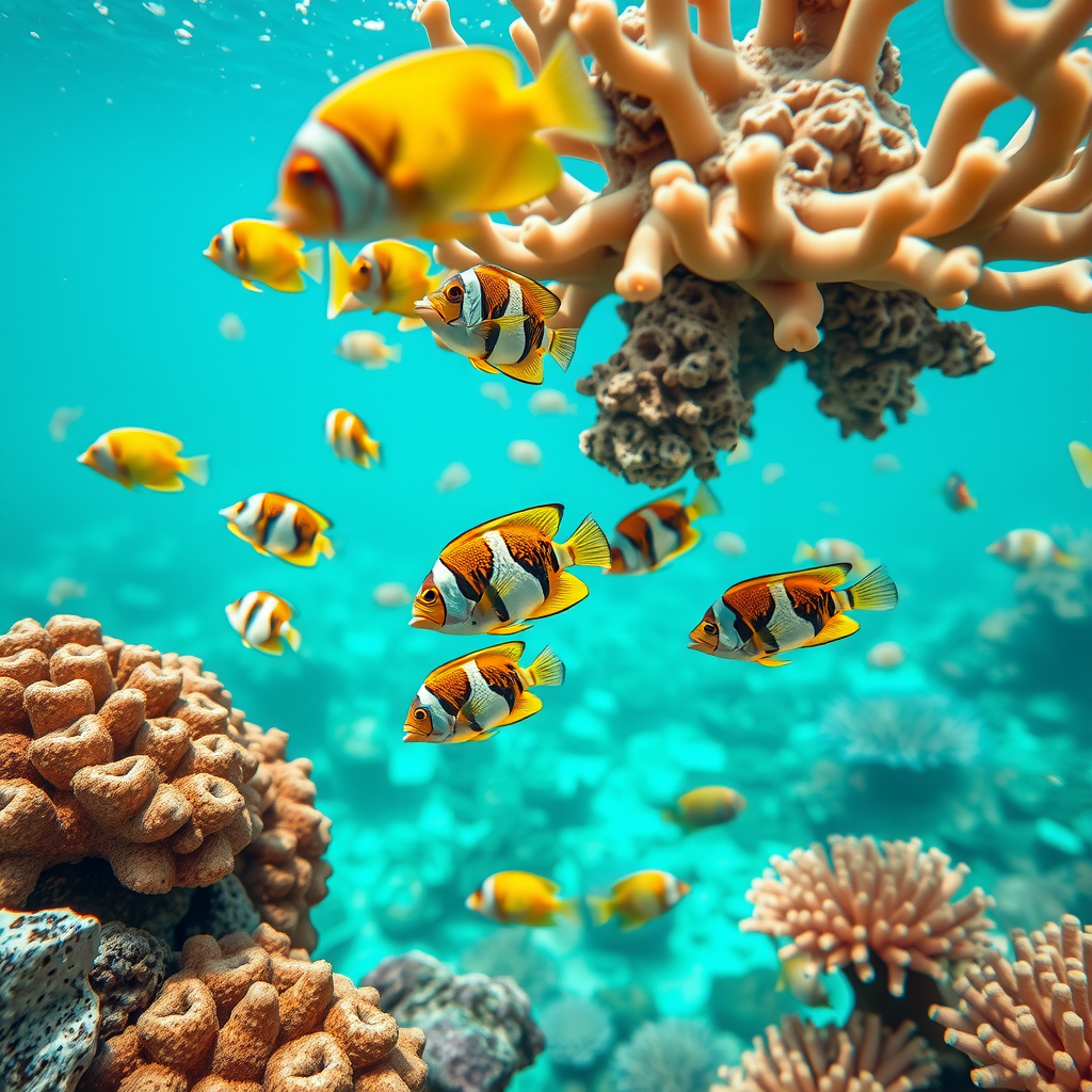Underwater scene showing colorful tropical fish swimming around coral formations in clear turquoise water