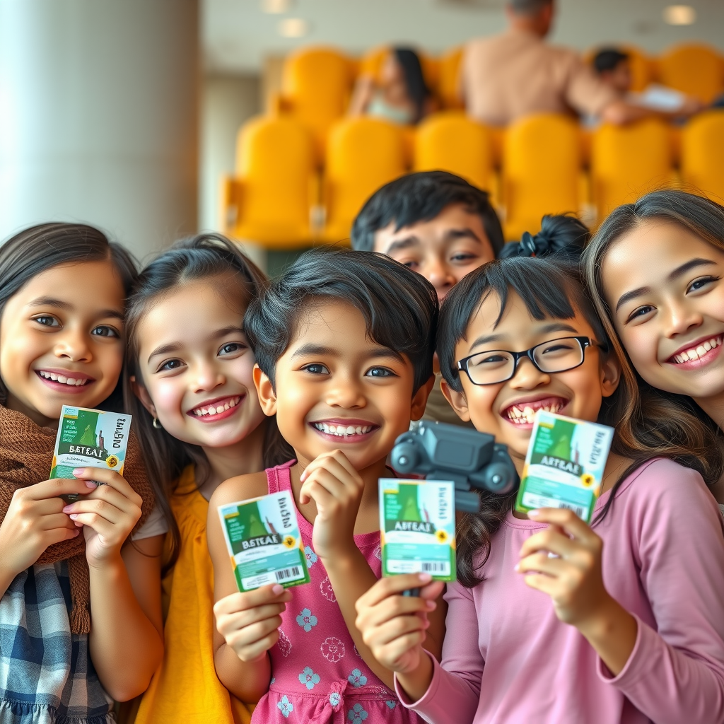 Diverse family group with children of different ages smiling and enjoying various Dubai attractions, showing excitement and happiness while holding attraction tickets