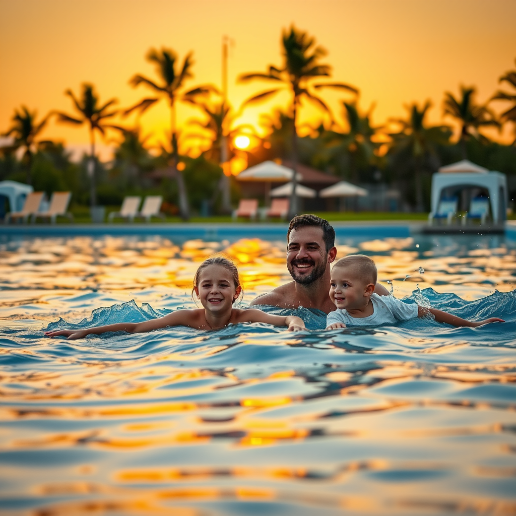 Family enjoying wave pool at sunset with palm trees and golden hour lighting reflecting on water