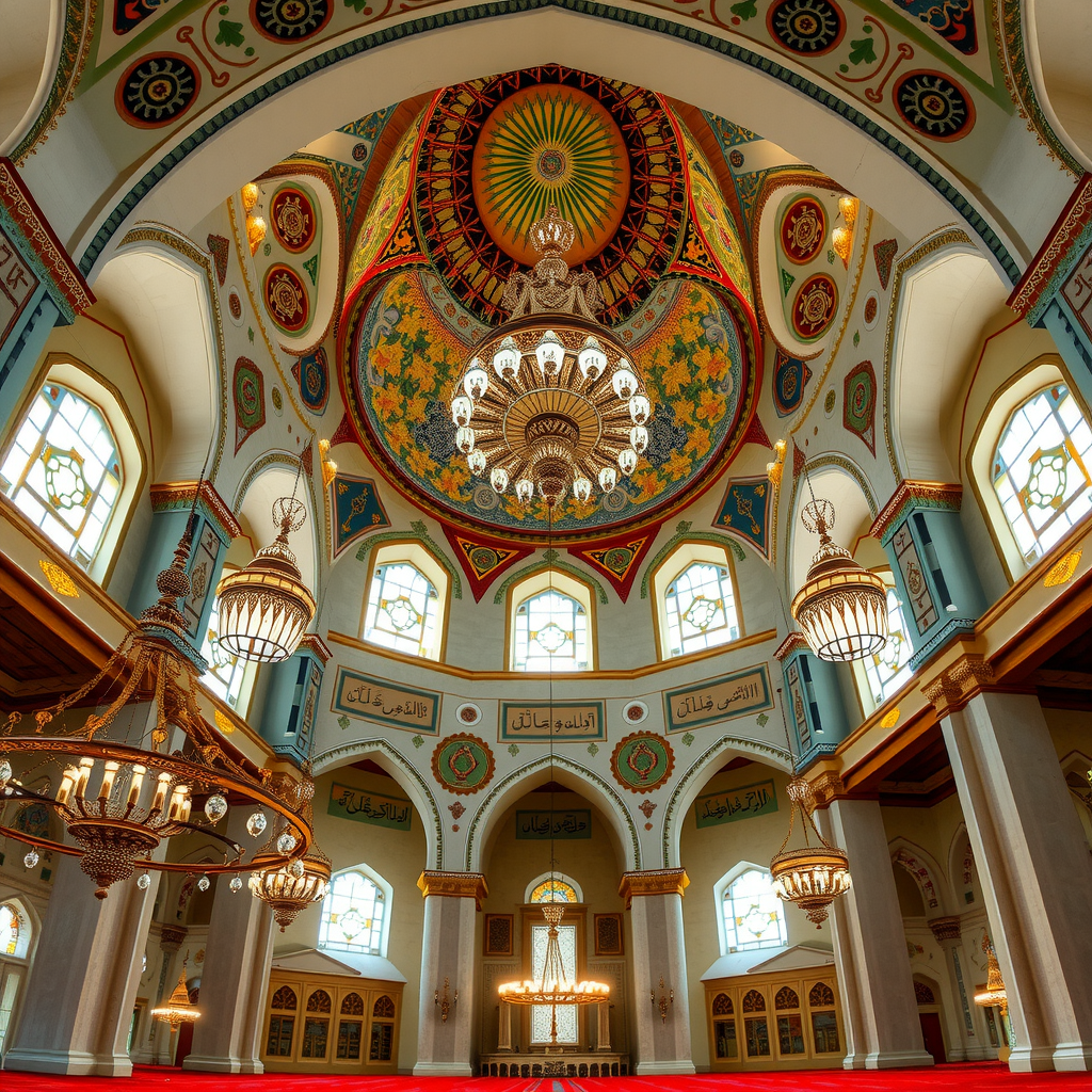 Mosque interior showcasing intricate Islamic architecture with ornate chandeliers, geometric patterns, Arabic calligraphy, and prayer hall