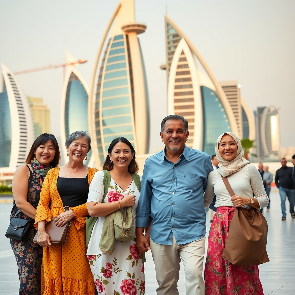 Multi-generational family taking a group photo in front of iconic Dubai attractions, everyone smiling and showing excitement, capturing precious vacation memories together